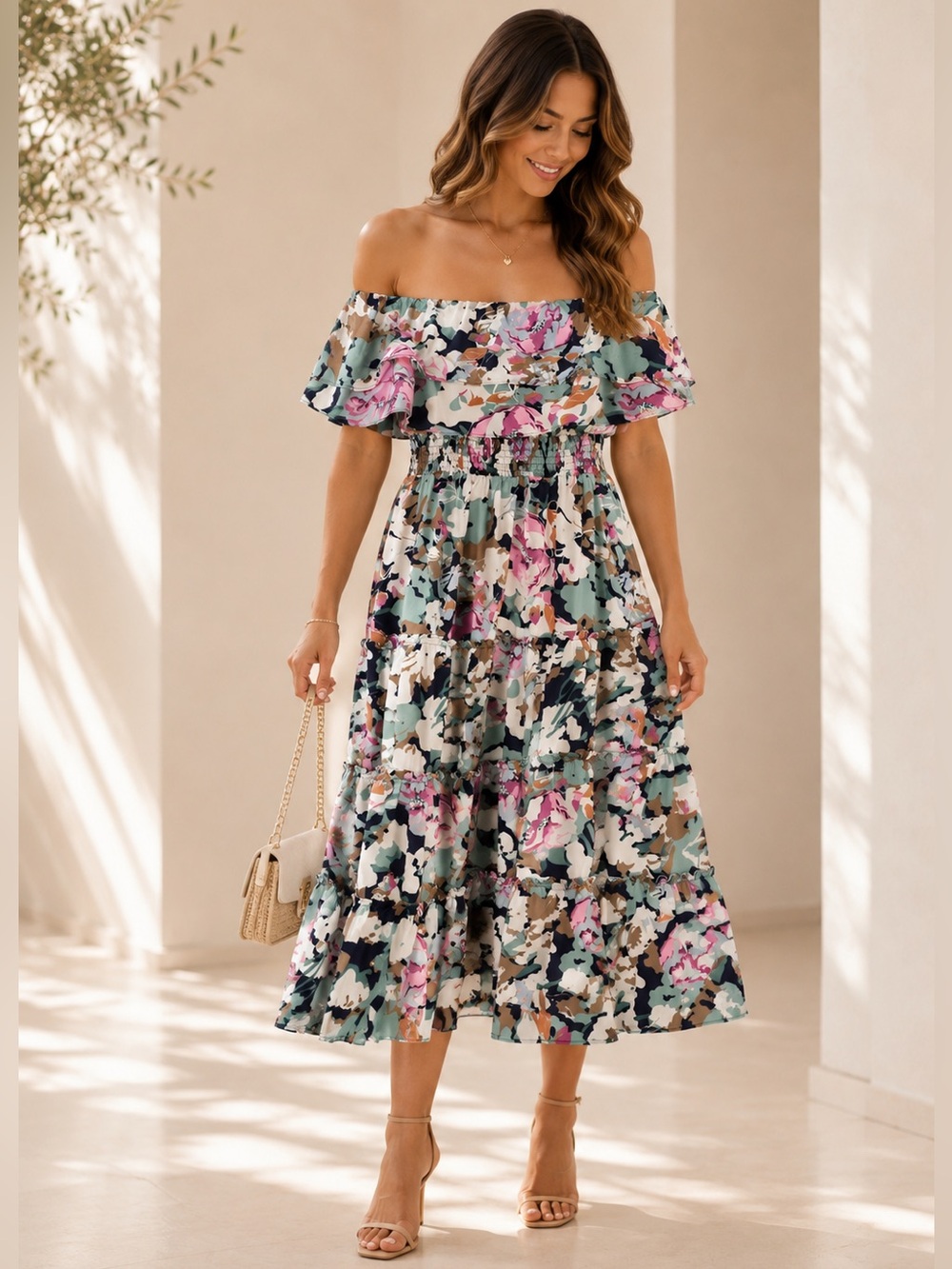 Cotton Bleu Floral Off Shoulder Smocked Midi Dress Size Large